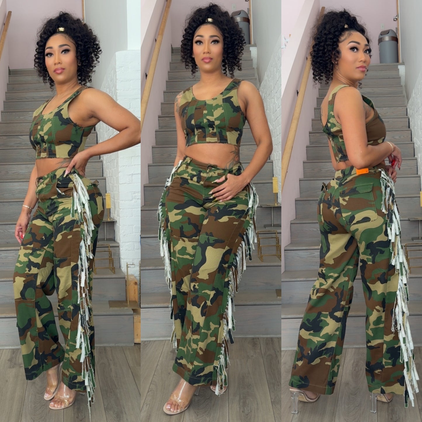 Camo Fringe Wide Leg Pants