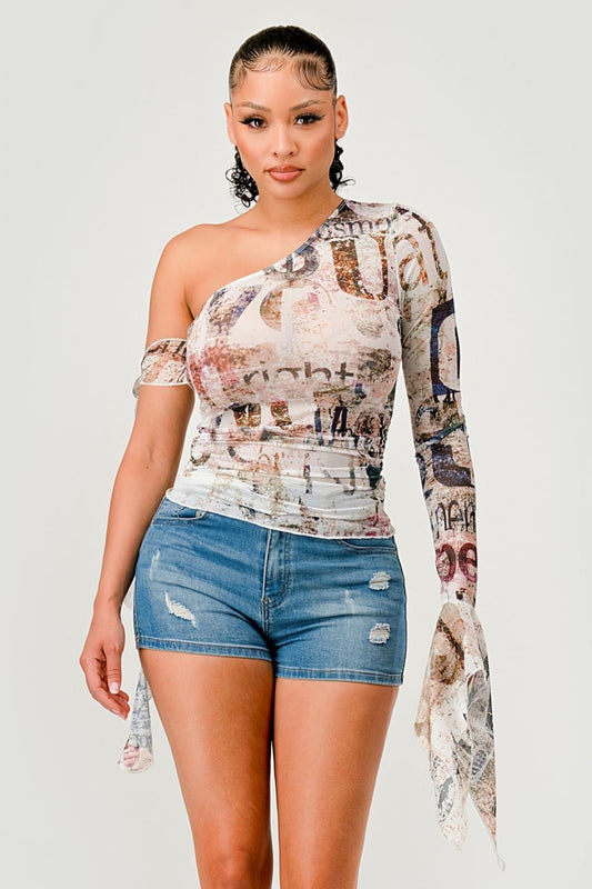 Mesh Printed Flutter Top