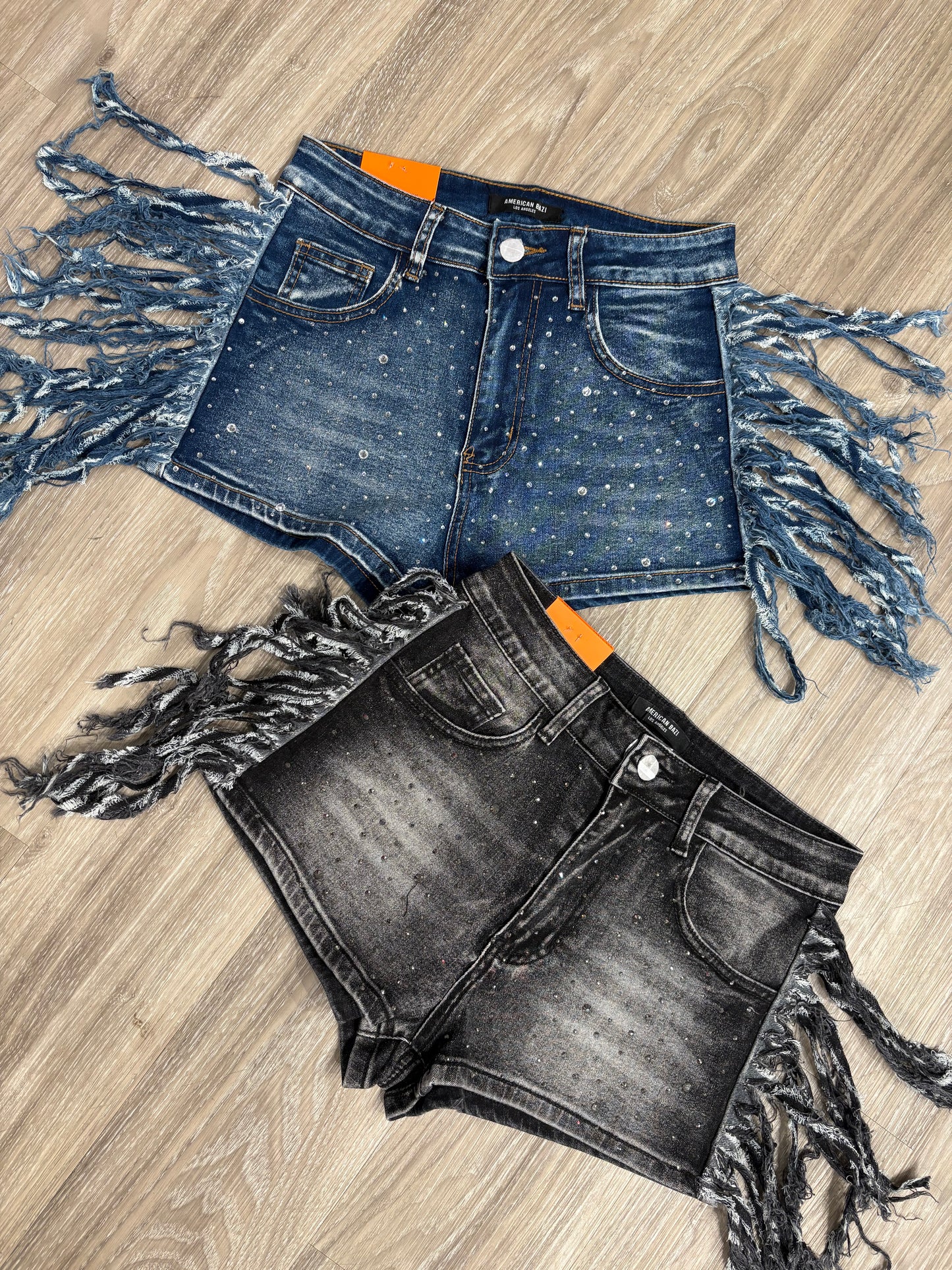 Denim Rhinestone Fringe Shorts