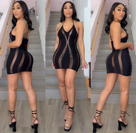 Black Mesh Knit Mini Dress