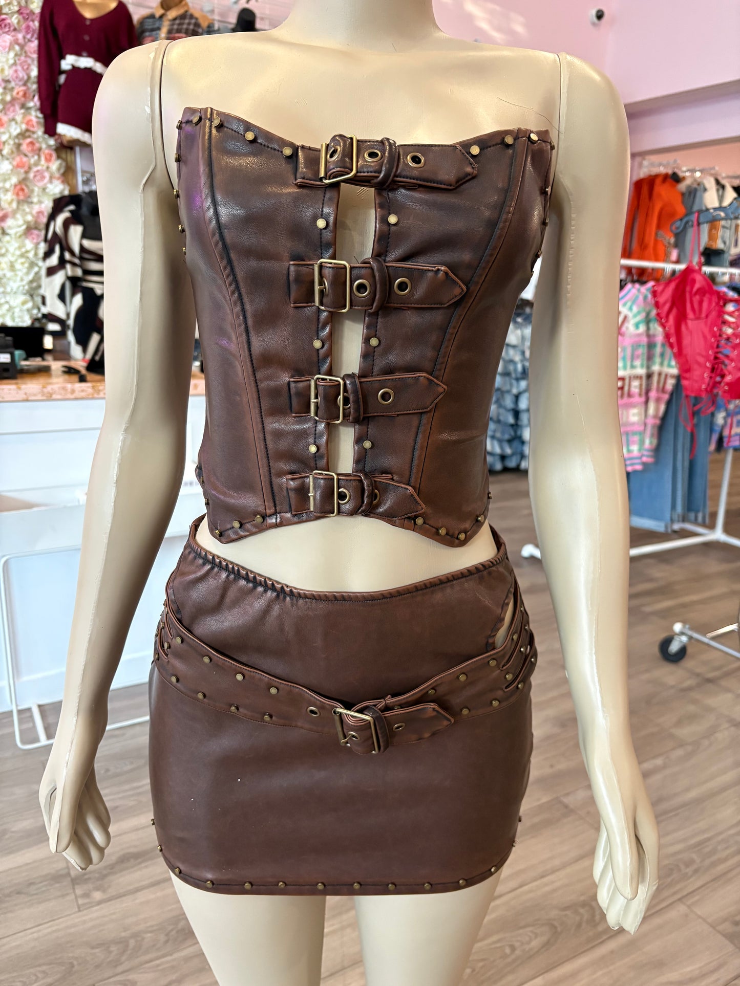 Washed Leather Skirt set