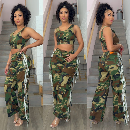 Camo Fringe Wide Leg Pants