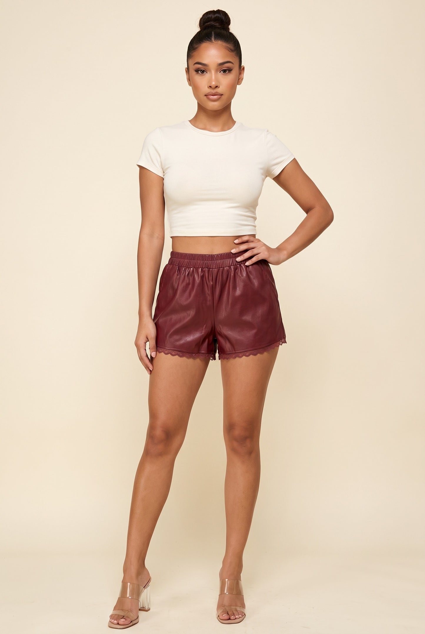 PU Lace Hem Shorts