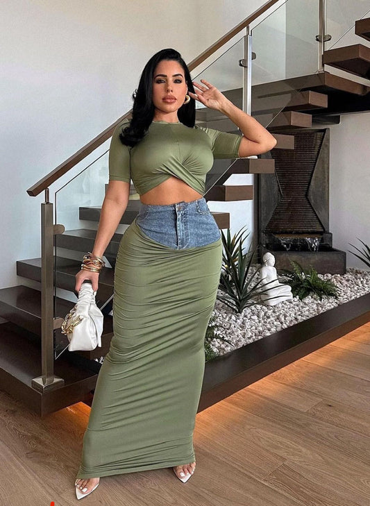 Olive Denim Maxi Skirt set