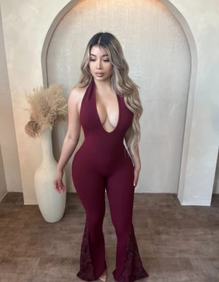 Knit Bell Bottom Jumpsuit W Lace Detail