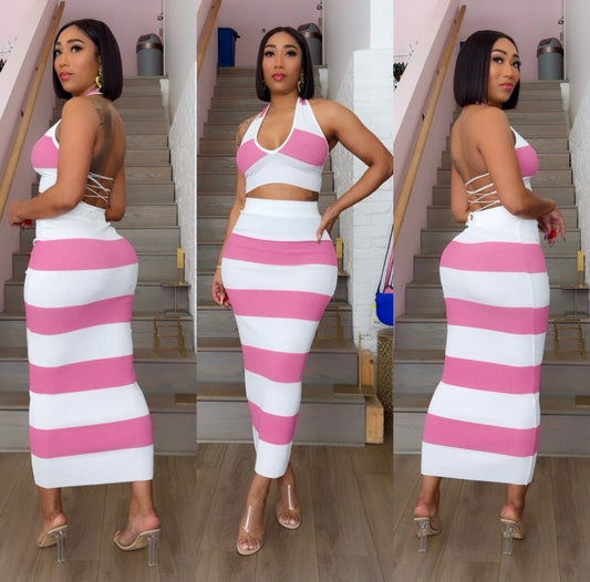 Pink Big Stripes Maxi skirt set