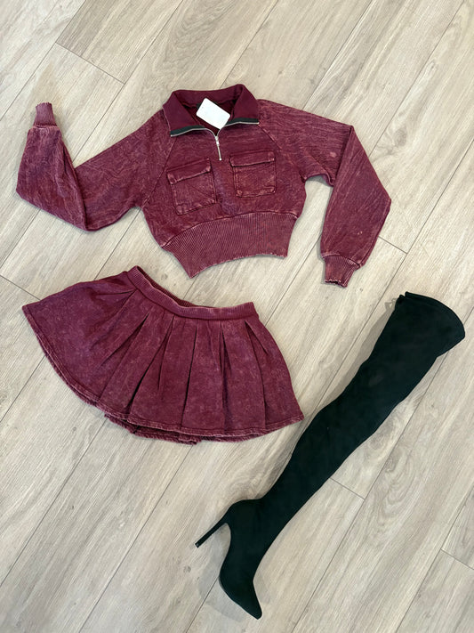 Burgundy Pleated Skirt set