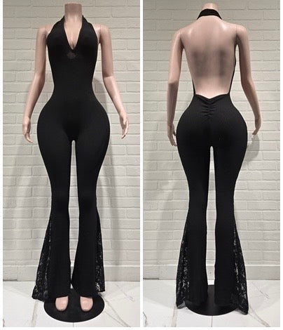 Knit Bell Bottom Jumpsuit W Lace Detail