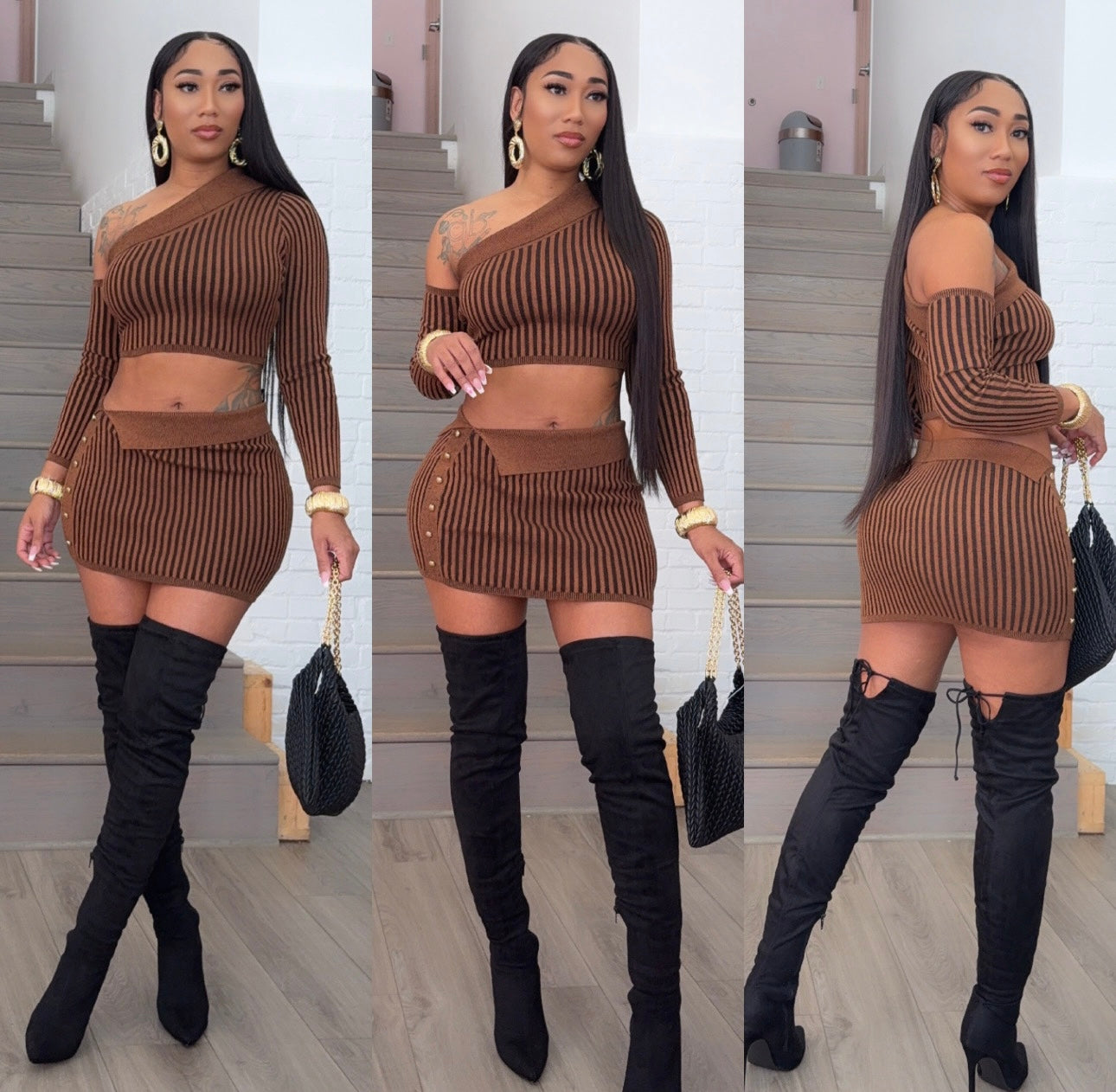 Cold Shoulder Knit Skirt set