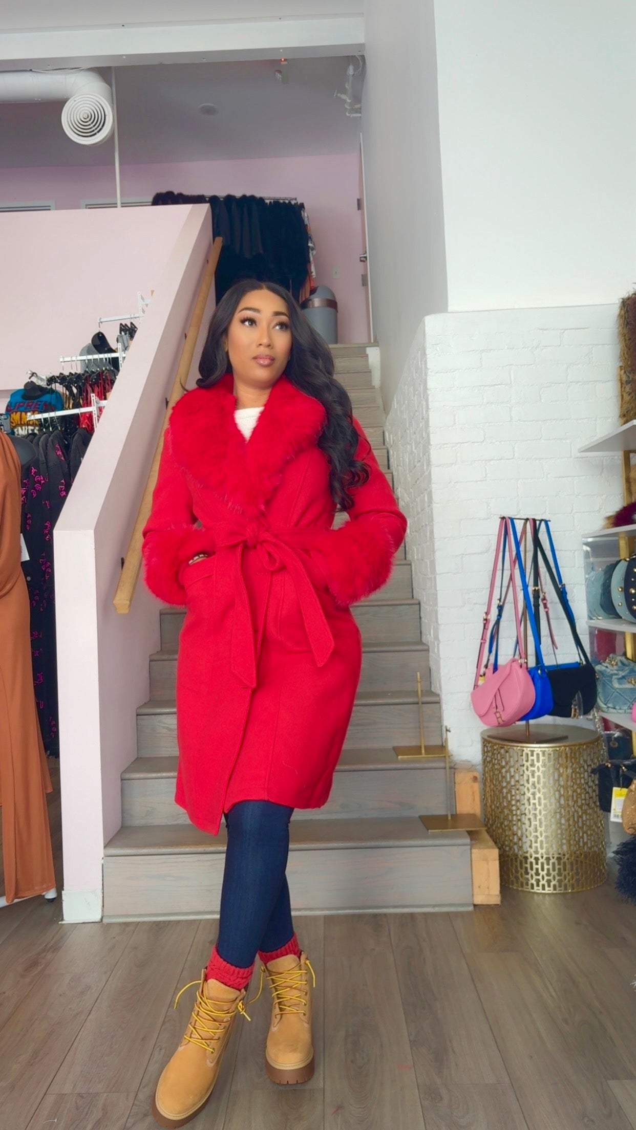 Red Fur Pea Coat