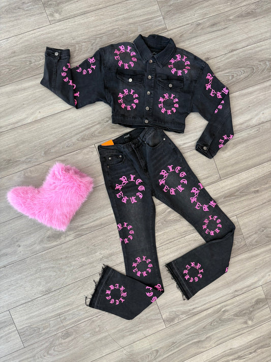 Old English Denim Jacket & Pant set PK/BLK