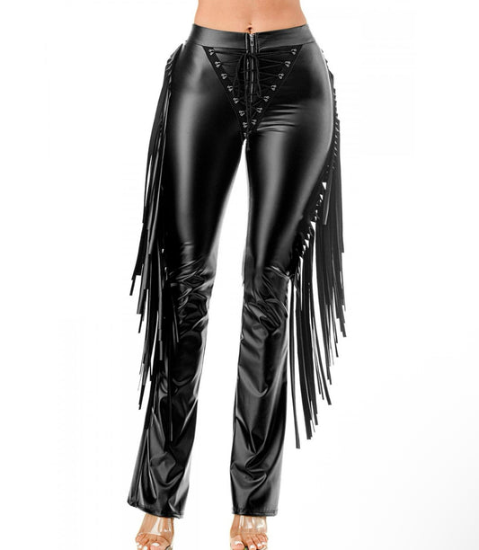 Fringe Eyelet PU Pants