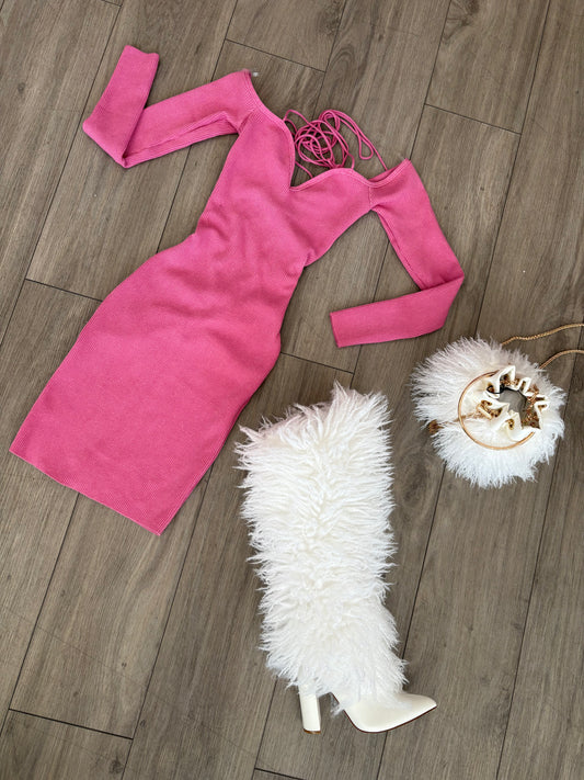 Pink Ribbed Back Laced Dress