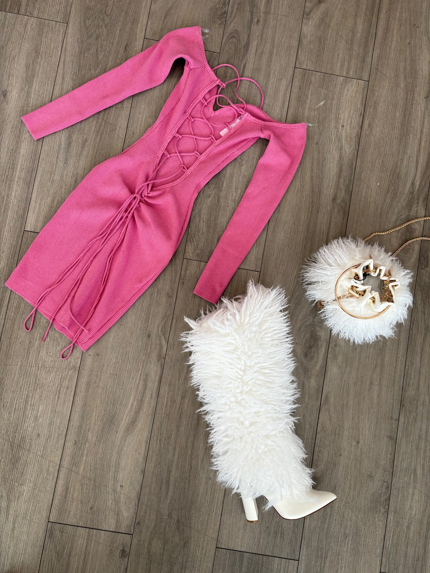 Pink Ribbed Back Laced Dress